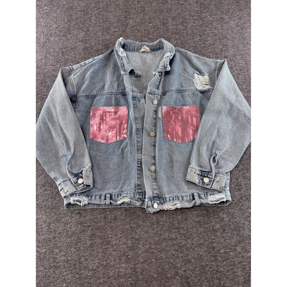 BIBI Distressed Denim Jacket Pink Sequin Pockets Light Wash Cotton Large - Picture 2 of 10